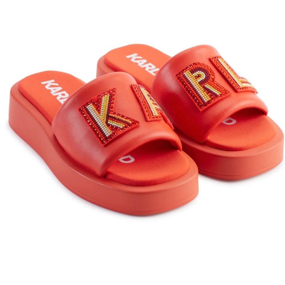 Karl Lagerfeld reddish orange and gold embellished slides